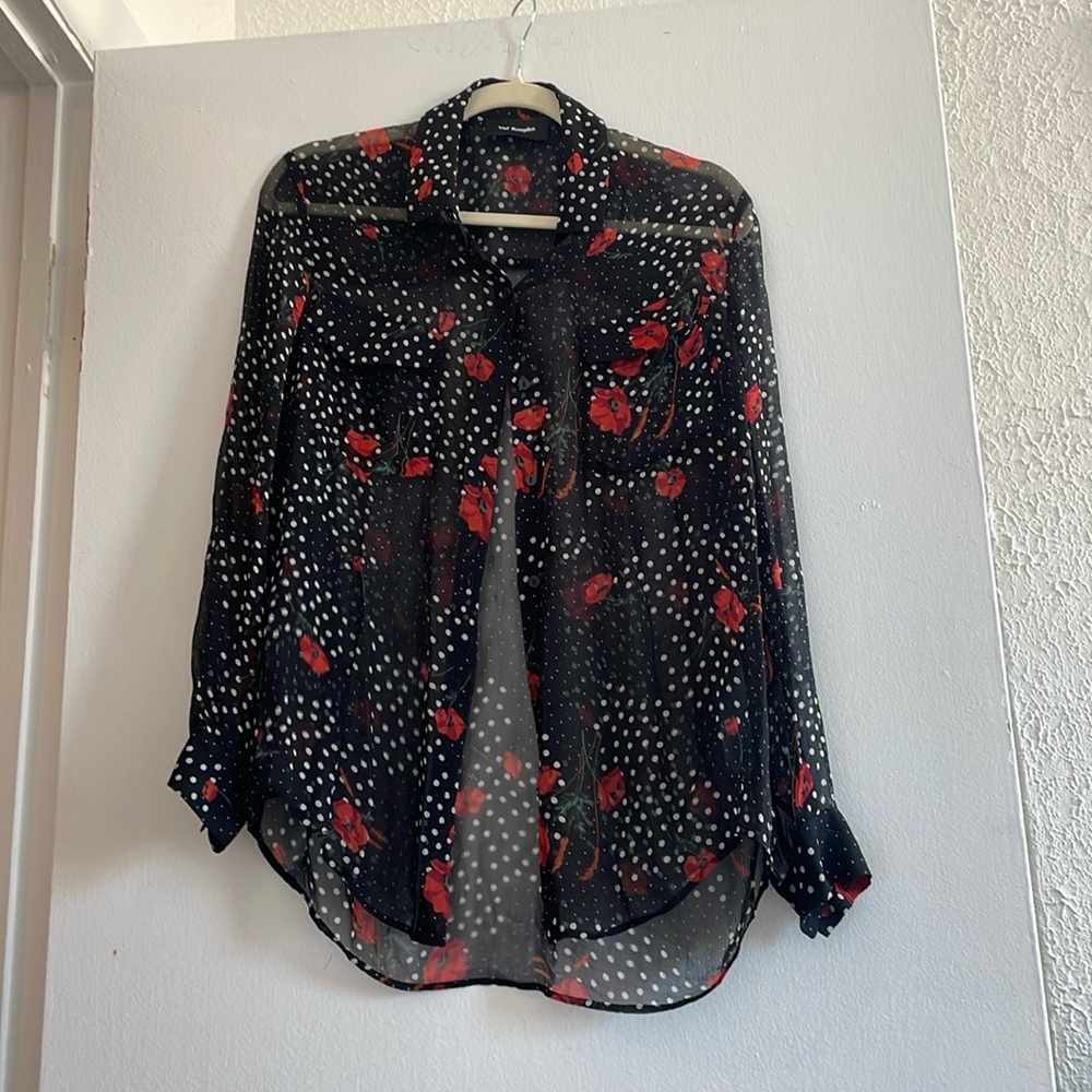 Sheer Kooples Button Down w/ Poppies & Polka Dots